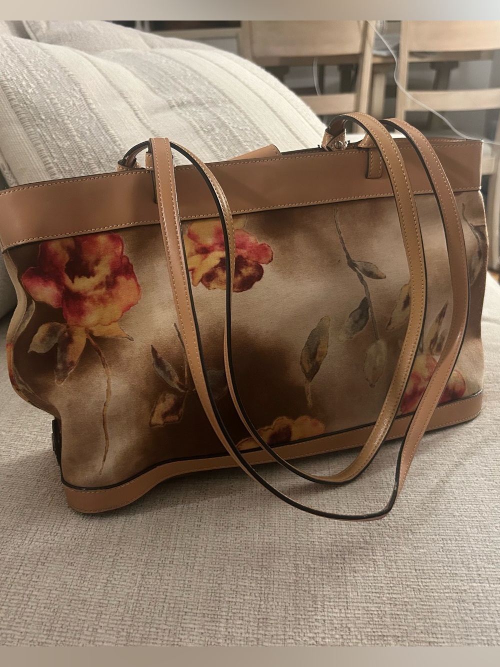 MAXX Shoulder Bag Floral Canvas Tote with Tan Leather Trim